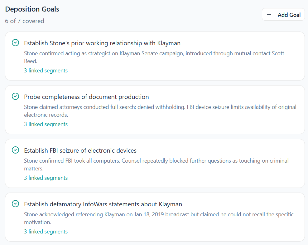 Deposition Goals: strategic objectives defined against a loaded deposition, with auto-linked transcript segments and a coverage summary.