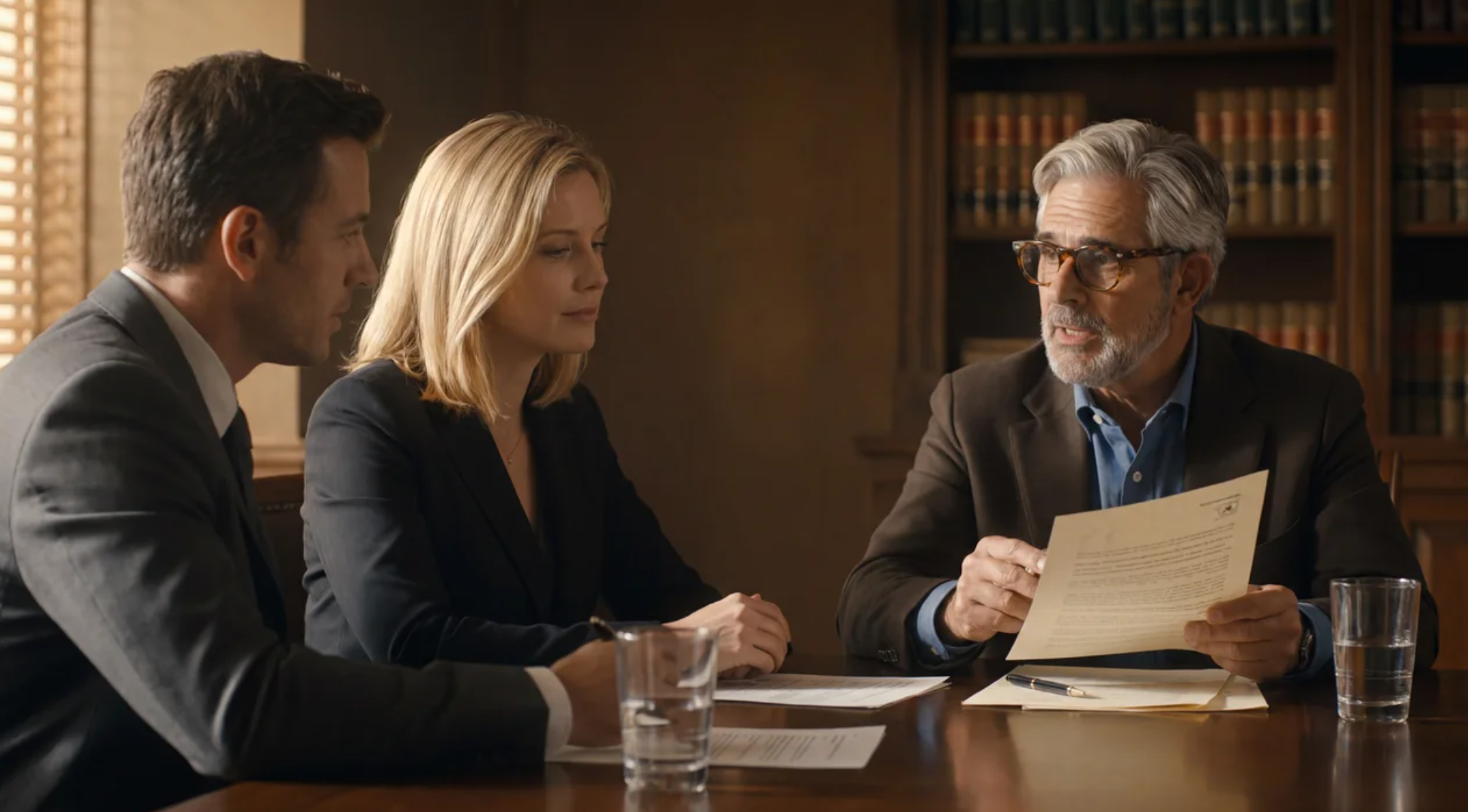 Trial team reviewing deposition materials together: two attorneys and an expert across a desk in a wood-paneled office.